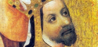 Kaiser Karl IV. auf dem Votivbild des Prager Erzbischofs Johann Ocko von Wlaschim (um 1370)
